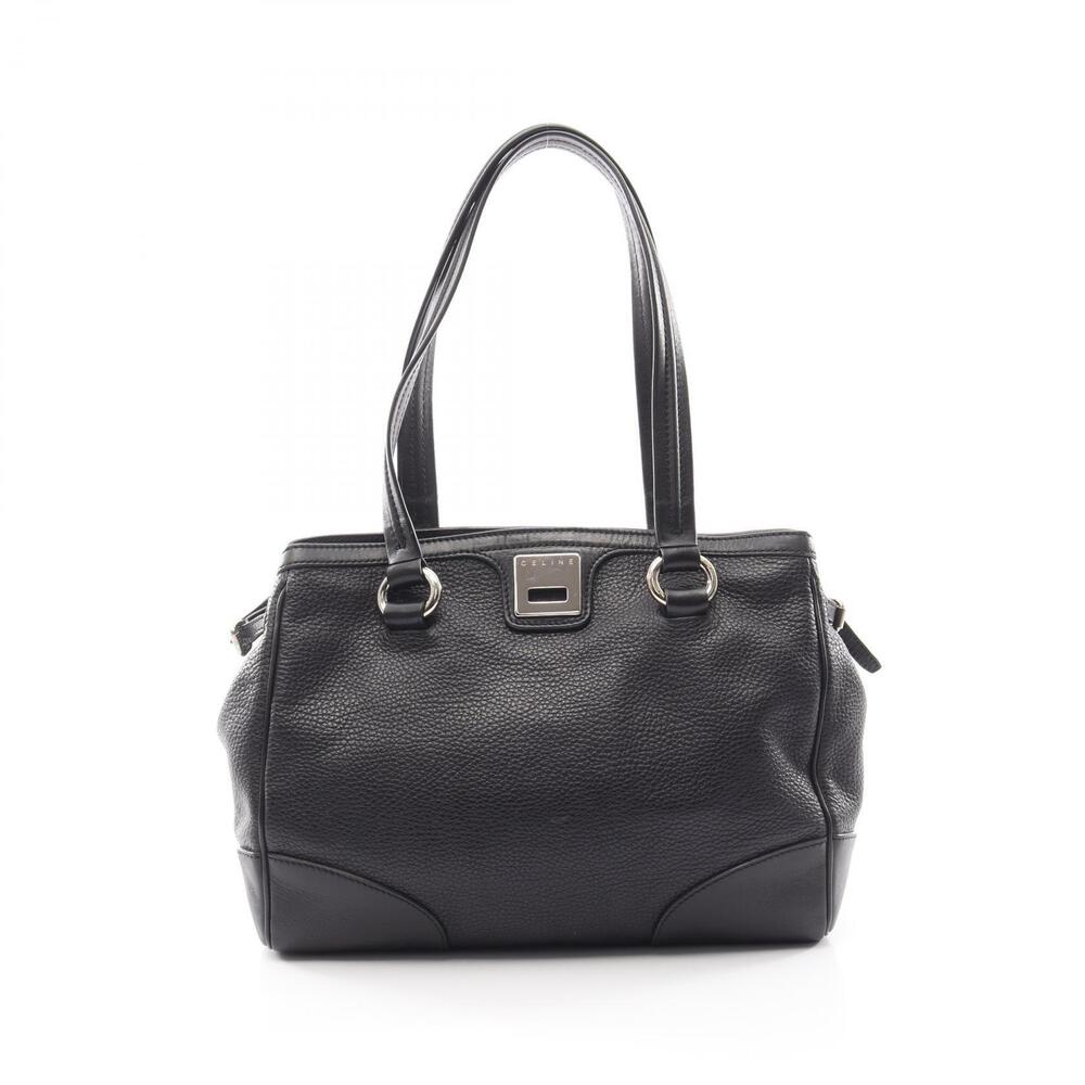 Celine black textured leather logo shoulder tote bag dual straps